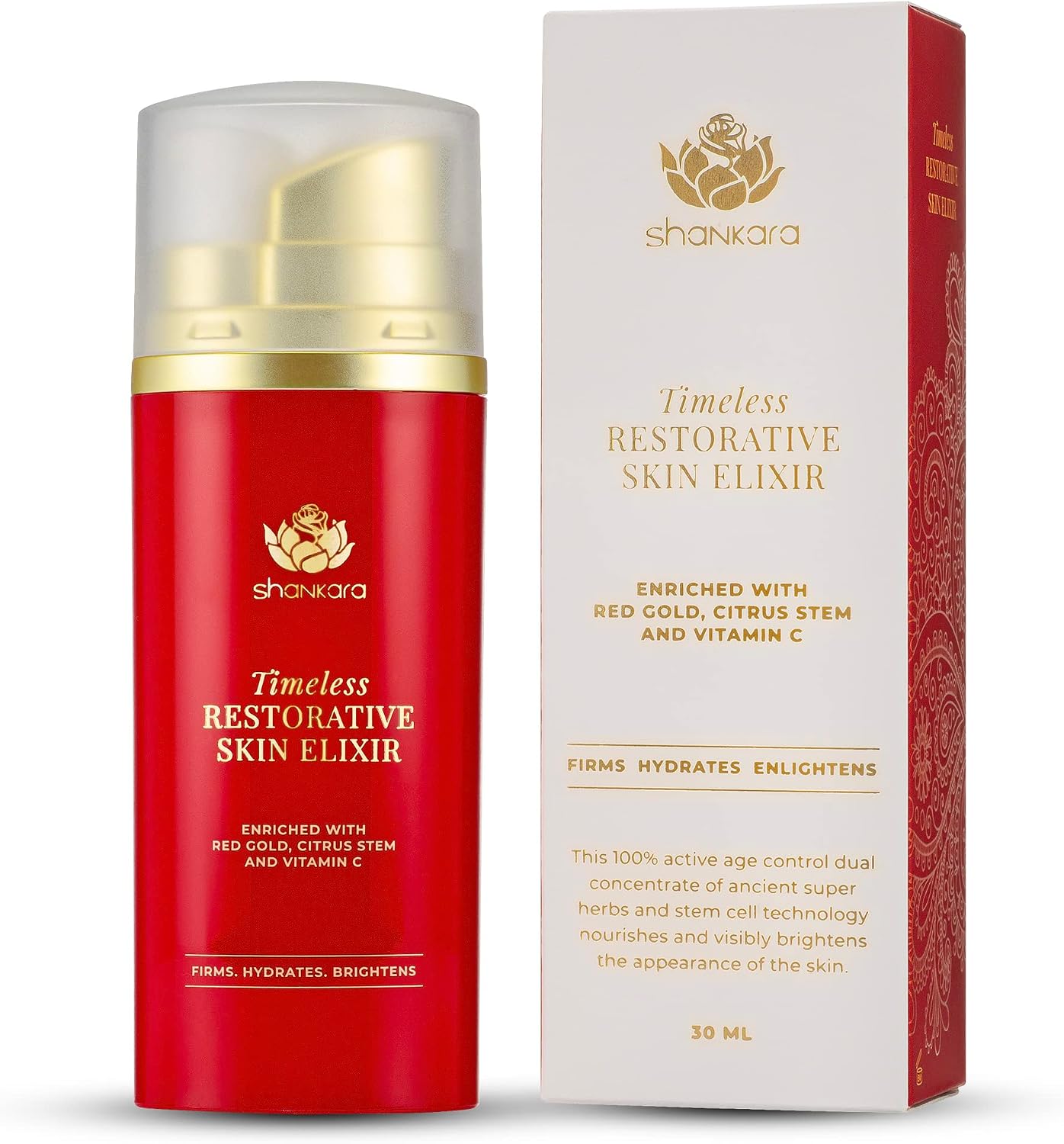 Shankara Timeless Restorative Skin Elixir – 2-in-1 Ayurvedic Serum & Kumkumadi Oil Pump Duo – With Vitamin C, Citrus Stem Cell Tech, Ectoin & Saffron – Hydrating, Moisturizing for Glowing Skin (30ml)