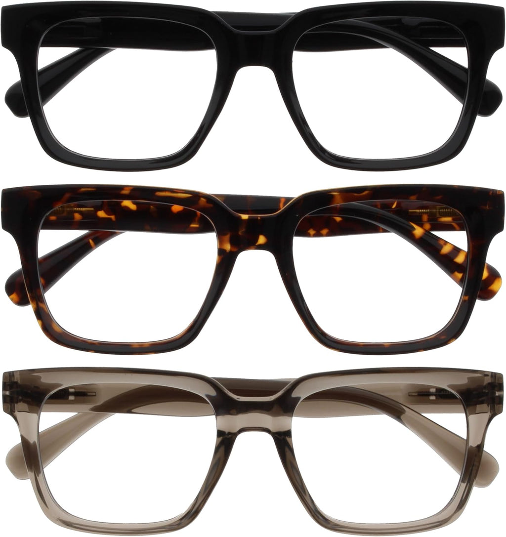 OPULIZE ERA Blue Light Blocking Reading Glasses for Women & Men-Anti-Glare-UV400 Protection-Oversized Frame-Computer Screen Glasses-Black Brown Grey-+2.50(Pack 3 of with 3 Pouches)