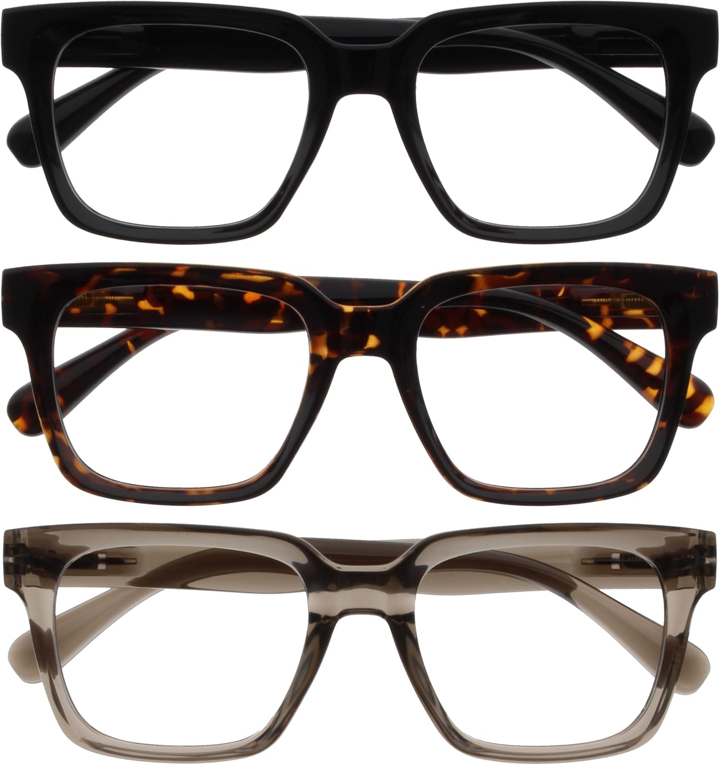 OPULIZE ERA Blue Light Blocking Reading Glasses for Women & Men-Anti-Glare-UV400 Protection-Oversized Frame-Computer Screen Glasses-Black Brown Grey-+2.50(Pack 3 of with 3 Pouches)