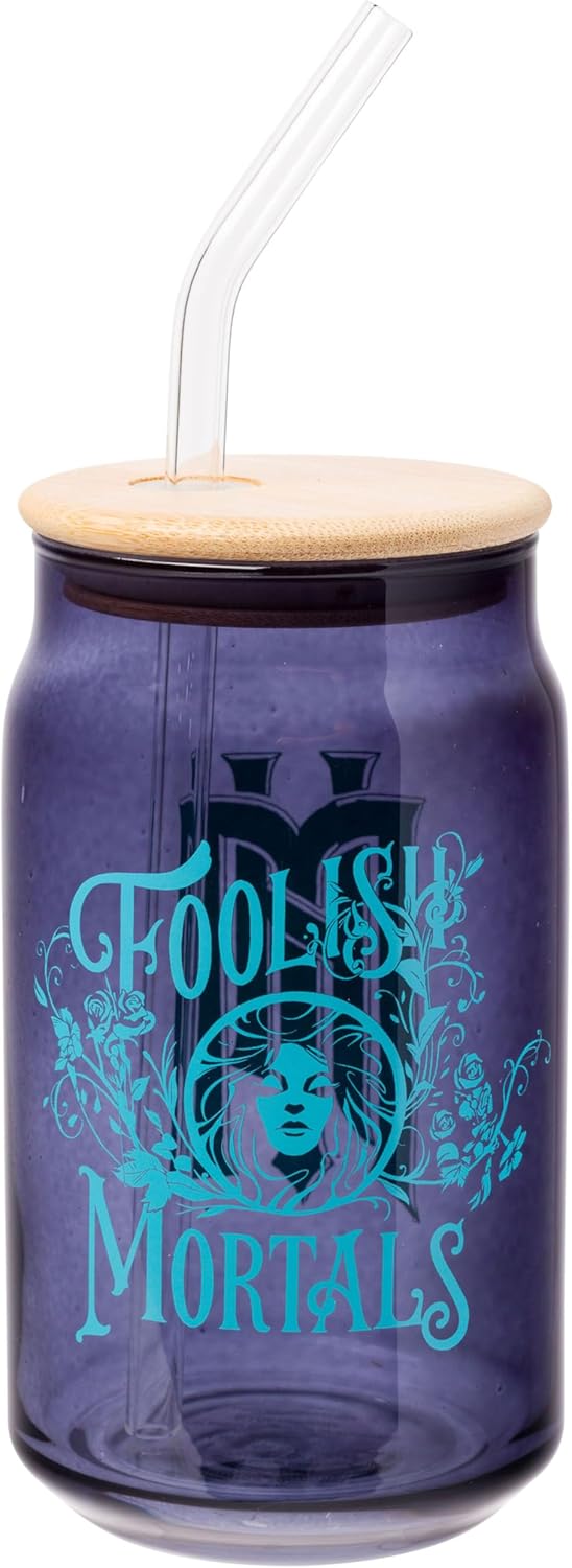 Silver Buffalo Disney Haunted Mansion “Foolish Mortals” Featuring Madame Leota Glass Jar Tumbler with Bamboo Lid and Glass Straw, 16 Ounces