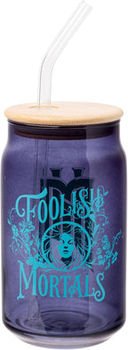 Silver Buffalo Disney Haunted Mansion “Foolish Mortals” Featuring Madame Leota Glass Jar Tumbler with Bamboo Lid and Glass Straw, 16 Ounces
