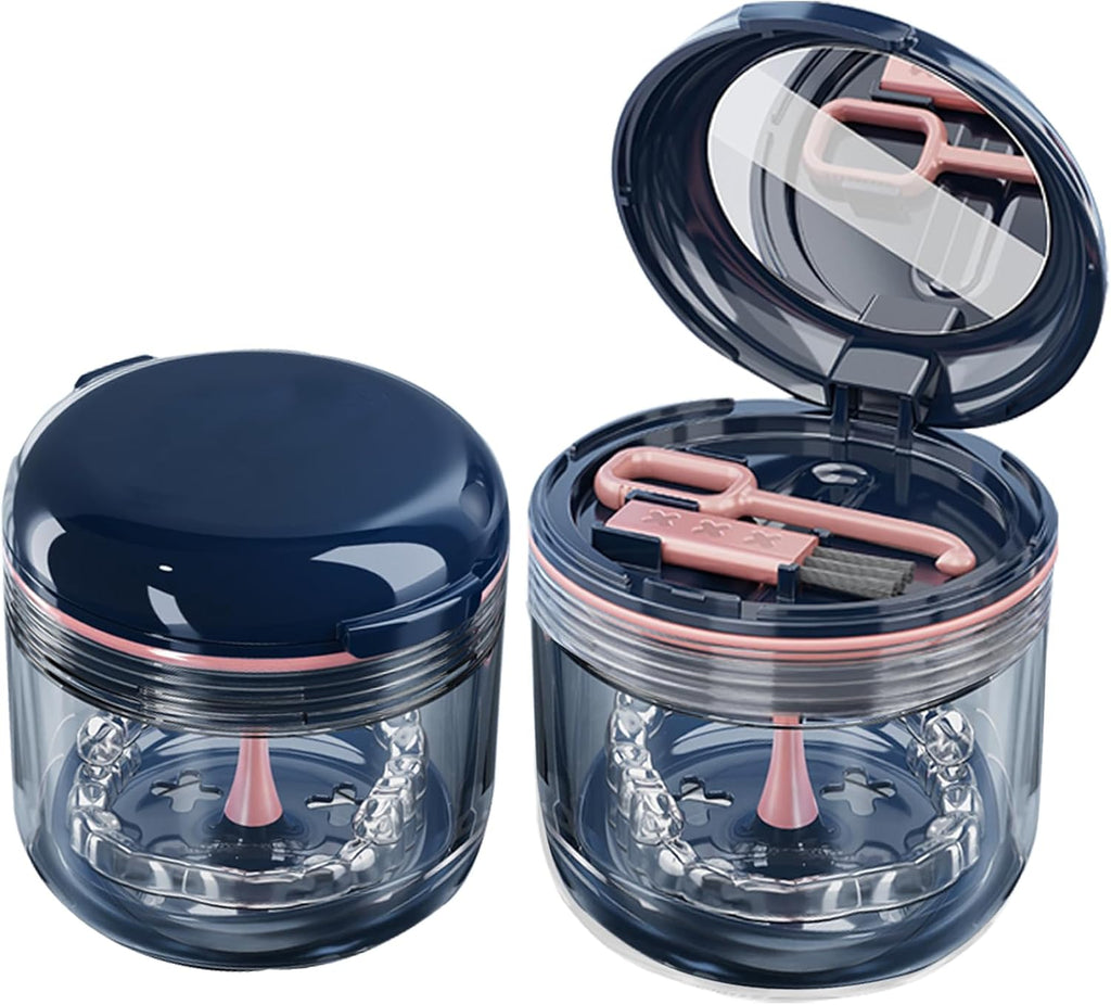 Retainer case, Denture Bath Cup，Retainer Cleaner Case Box,Night Mouth Guard Case Holder,Storage Soak Container with Drain Tray for Travel Cleaning with Mirror and Brush