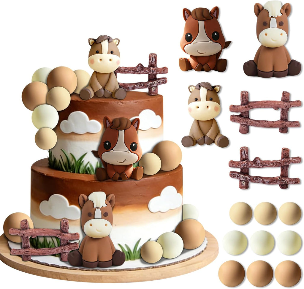 Horse Cake Topper, Cowboy Theme Cake Decorations with Fence and Ball (brown)