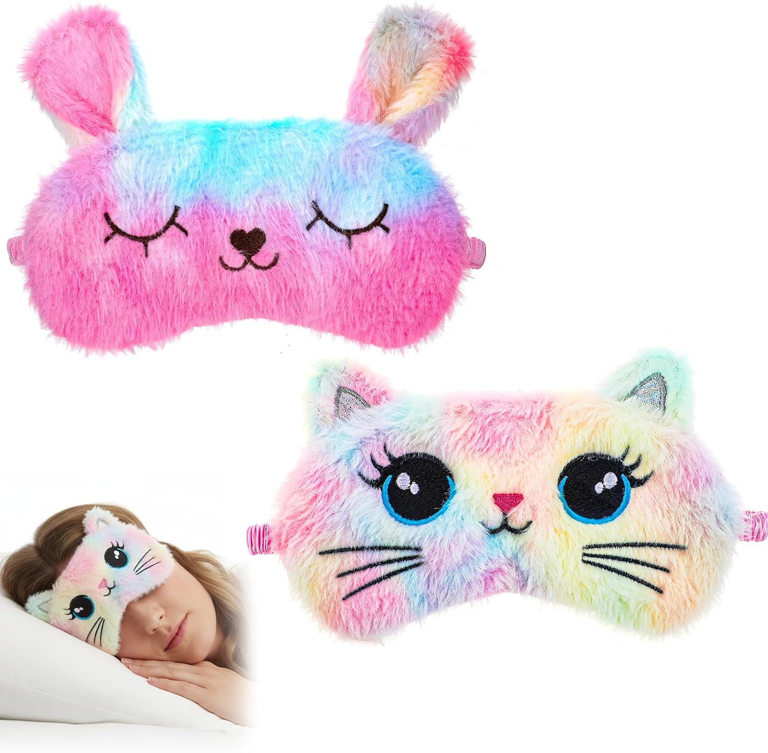 2 PCS Sleep Mask for Kids, Super Soft Plush Cute Cat Sleeping Eye Mask, Comfortable Adjustable Blindfold for Girls, Funny Animal Light Blocking Night Cover for Home Travel (Cat Pattern)
