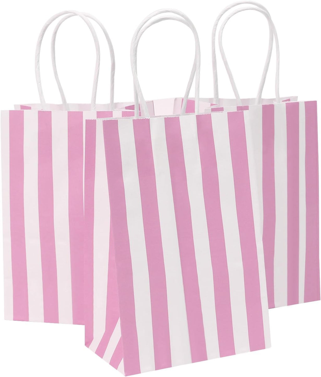 50Pcs Small Paper Gift Bags Bulk, 5.25" x 3.75" x 8" Kraft Paper Bag for Party Favors,Valentine's Day, Birthday, Wedding, Goodie, Retail, Jewelry - Pink Stripe