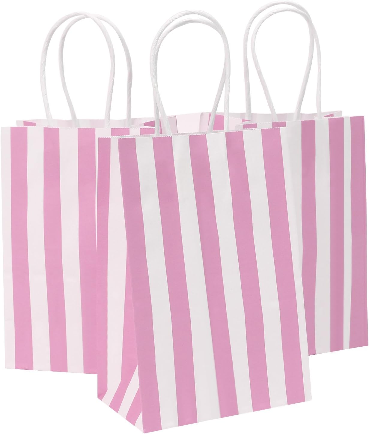 50Pcs Small Paper Gift Bags Bulk, 5.25" x 3.75" x 8" Kraft Paper Bag for Party Favors,Valentine's Day, Birthday, Wedding, Goodie, Retail, Jewelry - Pink Stripe