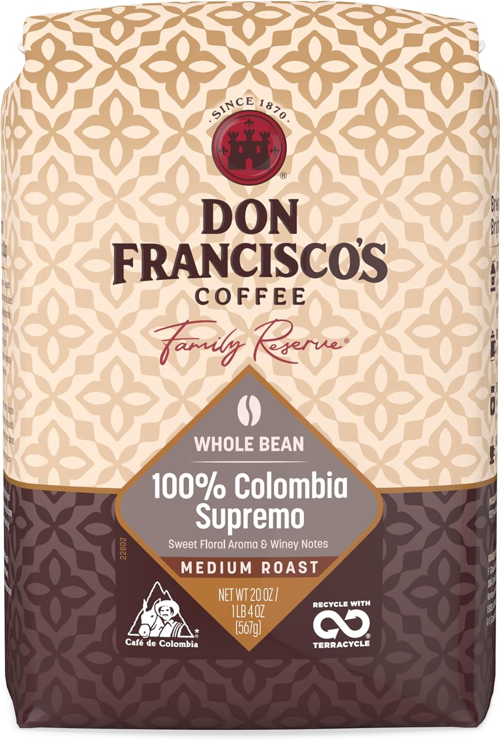 Don Francisco's 100% Colombia Supremo Whole Bean Coffee, Medium Roast – 100% Arabica Coffee, 20 oz Bag