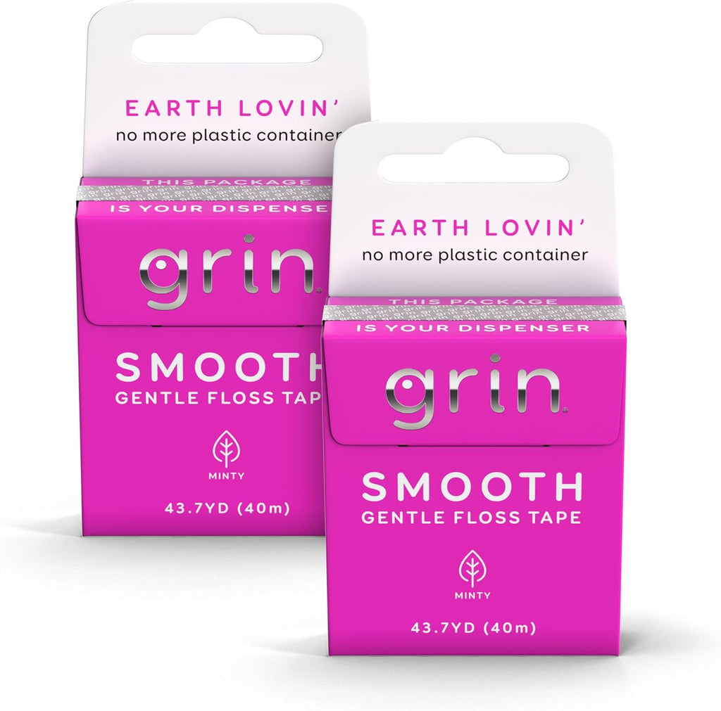 GRIN Smooth Floss Box, Gentle Floss Tape, 43.7 Yards (40M), Minty Flavor, Recyclable Packaging, 132 Feet of Gentle Floss Tape, No More Plastic Container, No Shredding or Breaking (Pack of 2)
