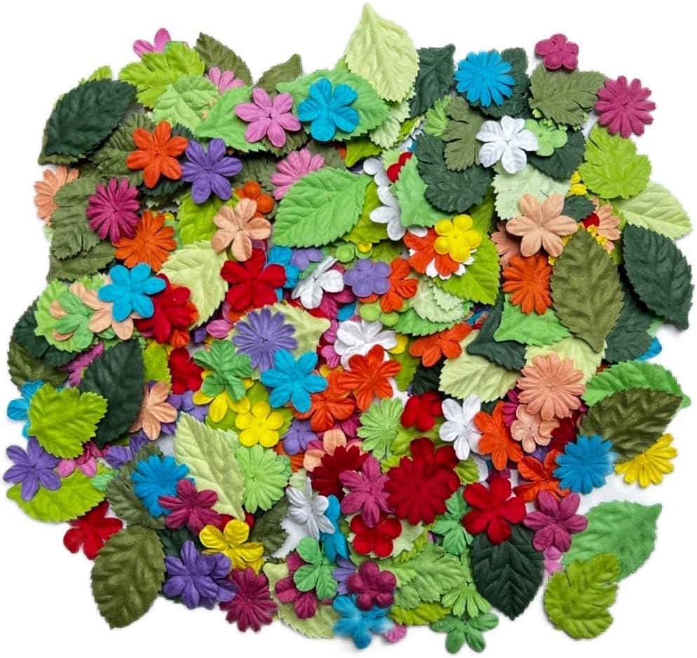 200 Pcs Handmade Mixed Mulberry Paper Flowers Petals and Leaves Scrapbooking Wedding DIY Craft Supplies Card (10 Colors Flowers/Green Tone Leaves)