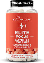 Eu Natural Elite Caffeine Pills with L-Theanine - 100mg Caffeine + 200mg L-Theanine - Jitter-Free Focused Energy & Clean Nootropic Stack - 120 Soft Capsules