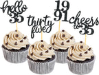 24Pcs Glitter 35th Birthday Cupcake Toppers, Hello 35th Birthday Cake Topper- 35th Birthday Decorations for Celebrating Thirty-Five Years Old Birthday Party (Black2)