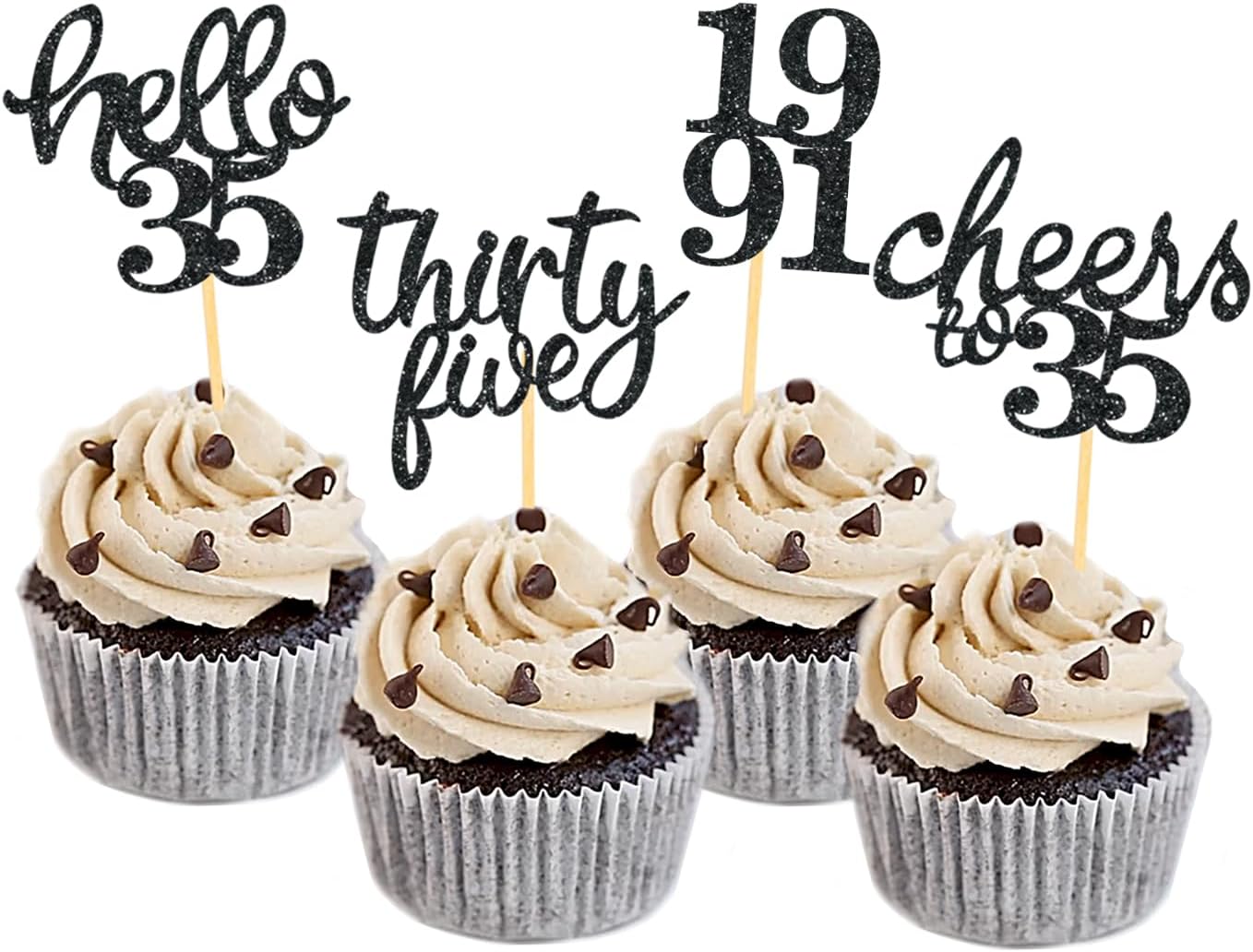 24Pcs Glitter 35th Birthday Cupcake Toppers, Hello 35th Birthday Cake Topper- 35th Birthday Decorations for Celebrating Thirty-Five Years Old Birthday Party (Black2)