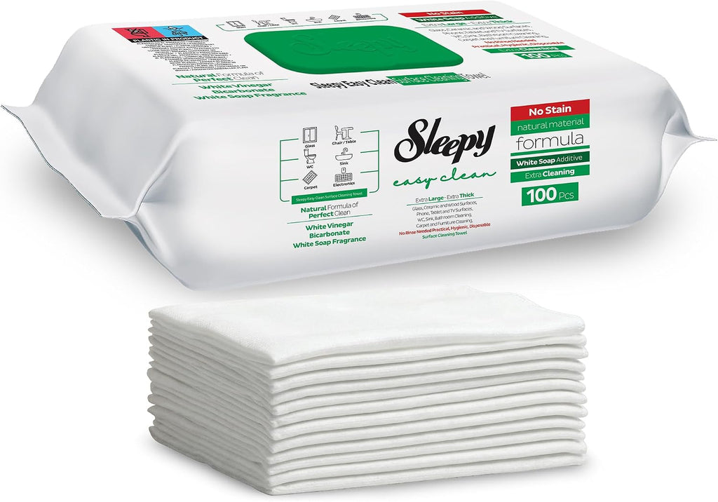 Sleepy Easy Clean XL Multi Surface Cleaning Wipes (100 Count) – Natural Vinegar & Baking Soda Formula – Jumbo 8"x8" All Purpose Wet Wipes for Kitchen, Bathroom, Glass & Electronics – No Streak