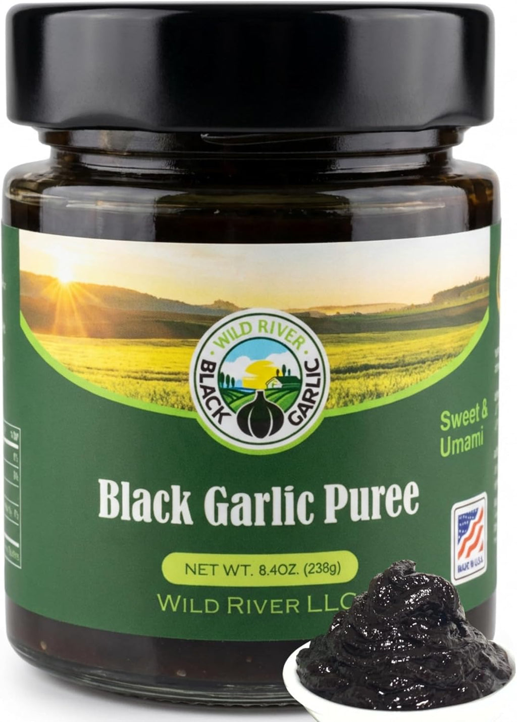 100% American Grown Black Garlic Puree, Wild River, Made in USA, Gilroy California Garlic, Umami Paste in Glass Jar 8.4 oz