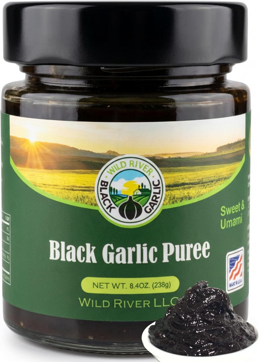 100% American Grown Black Garlic Puree, Wild River, Made in USA, Gilroy California Garlic, Umami Paste in Glass Jar 8.4 oz