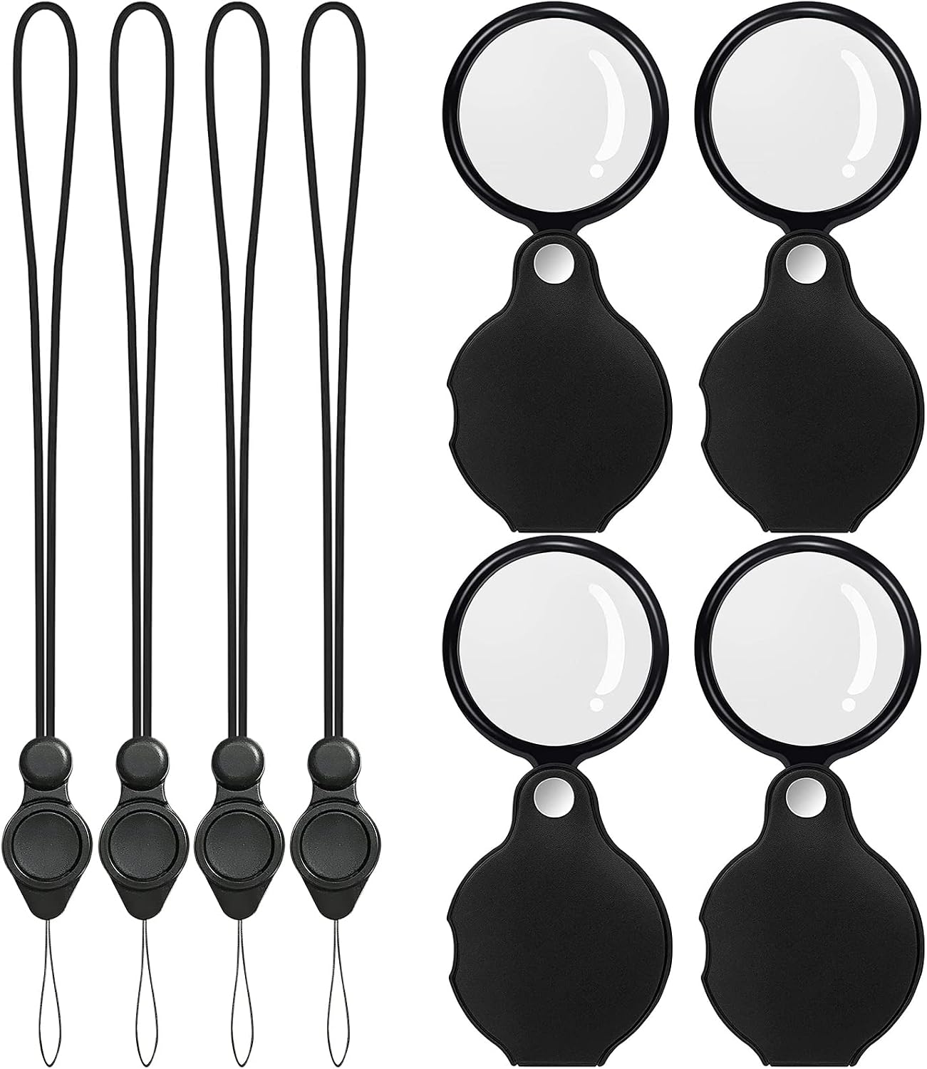 SAYEEC 4 Pcs 10X Small Magnifying Glass for Reading, Pocket Magnifier Folding Magnify Glass with Rotating Protective Leather Sheath and 4 Pcs Lanyard, Mini Magnifying Lens for Books Jewelry Coins Gems