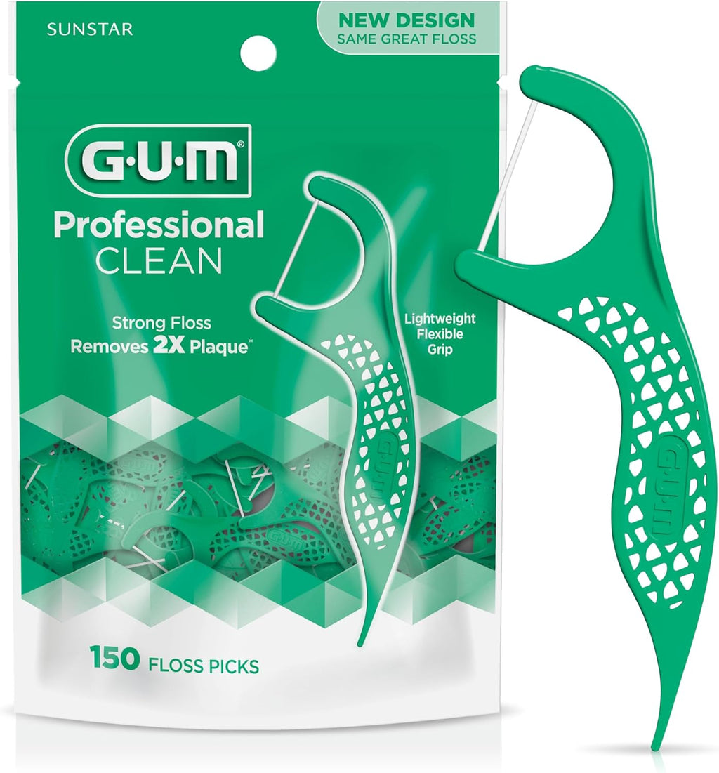 GUM Professional Clean Floss Picks - Extra Strong Shred-Resistant Floss, Easy Grip Handle - Dental Flossers for Adults - Fresh Mint Flavor, 150 Count