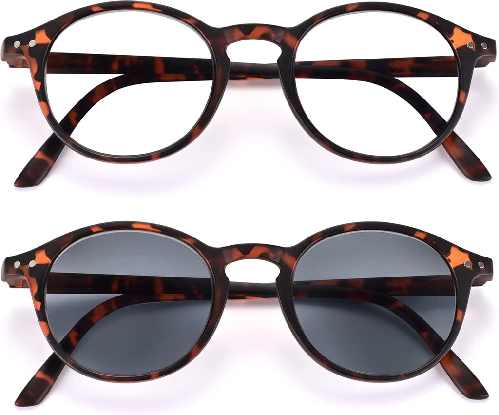 EYEGUARD 2 Pack Vintage Reading Glasses for Women Men includes Sun Readers, UV Protection Reading Sunglasses with Spring Hinge, Tortoise, +1.50