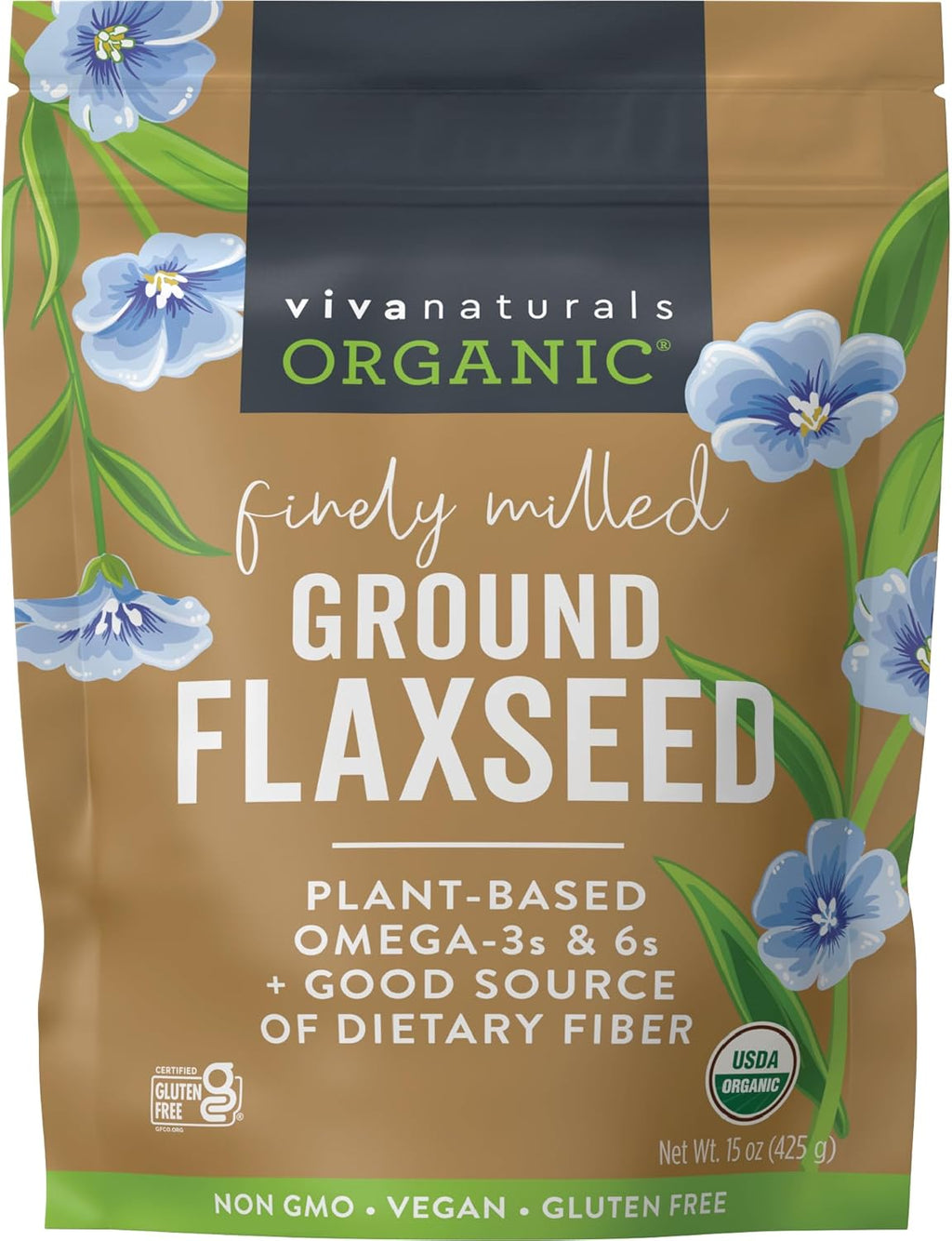 Viva Naturals Organic Ground Flaxseed, 15 oz (425 g) – Plant-Based Protein, Vegan Omega-3 & Fiber, Finely Milled Flax Seeds, Perfect for Smoothies & Baking