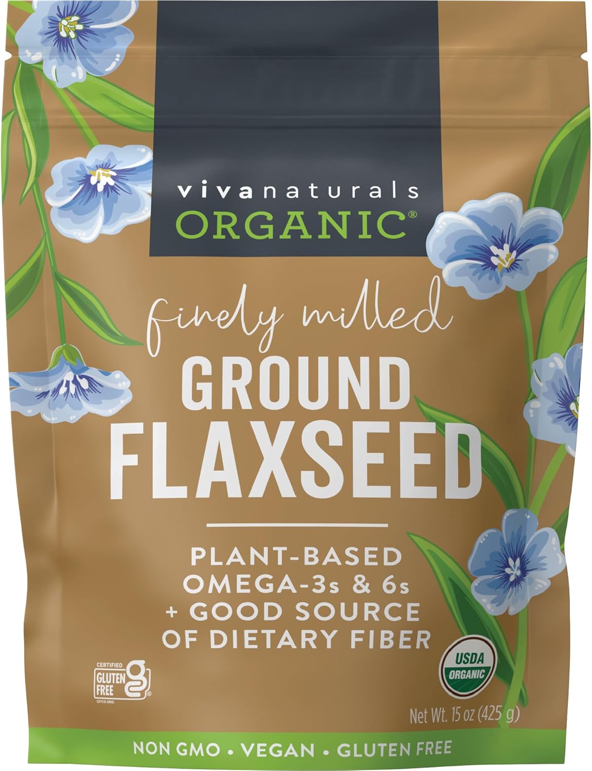 Viva Naturals Organic Ground Flaxseed, 15 oz (425 g) – Plant-Based Protein, Vegan Omega-3 & Fiber, Finely Milled Flax Seeds, Perfect for Smoothies & Baking