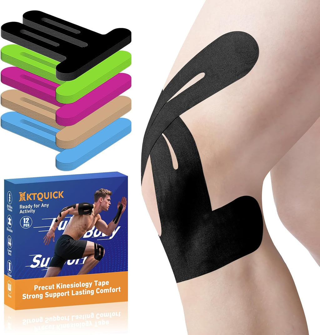 PreCut Kinesiology Tape for Knees, KTQUICK 12 PCS 20% Extra Adhesive Knee Tape for Knee Pain Relief Pre Cut, Anatomical for Maximum Hold, Waterproof&Hypoallergenic Cotton Latex-Free for Sports (Black)
