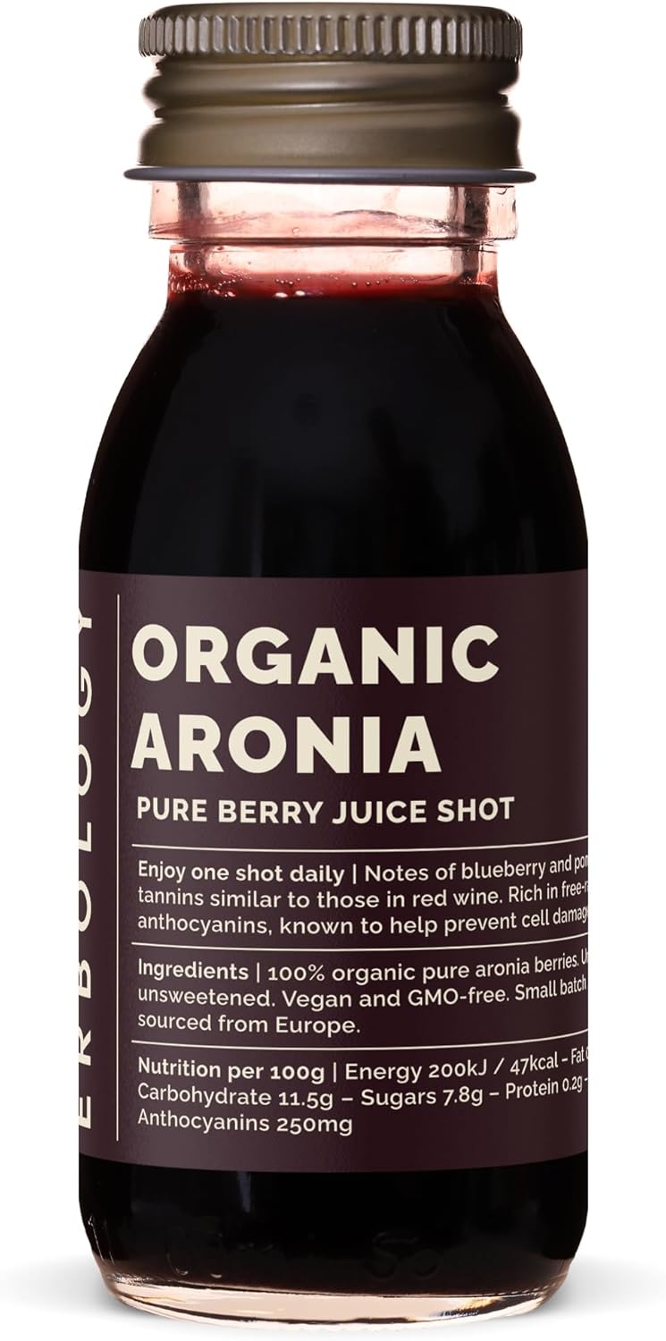 Erbology Organic Aronia Berry Juice 12 Daily Shots (2 fl oz) - Glowing Skin - Rich in Anthocyanins - Straight from Farm in Europe - Undiluted - No Added Sugar - Non-GMO - Recyclable Glass Bottle