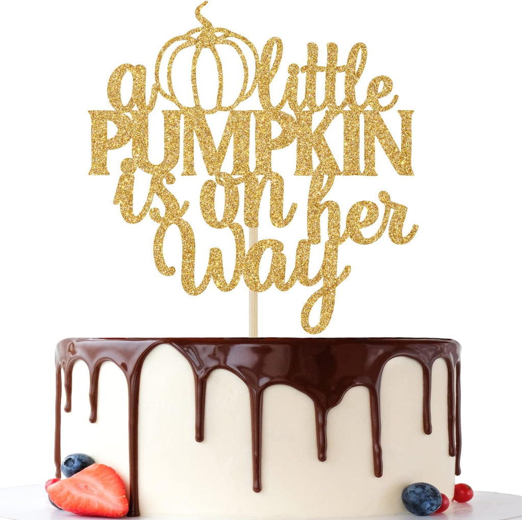 A Little Pumpkin is on Her Way Cake Topper, Oh Baby, for Baby Shower Cake Decor, Gender Reveal Party Decorations Neutral Gold Glitter