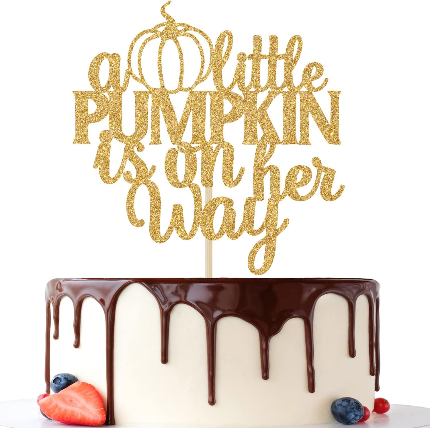 A Little Pumpkin is on Her Way Cake Topper, Oh Baby, for Baby Shower Cake Decor, Gender Reveal Party Decorations Neutral Gold Glitter