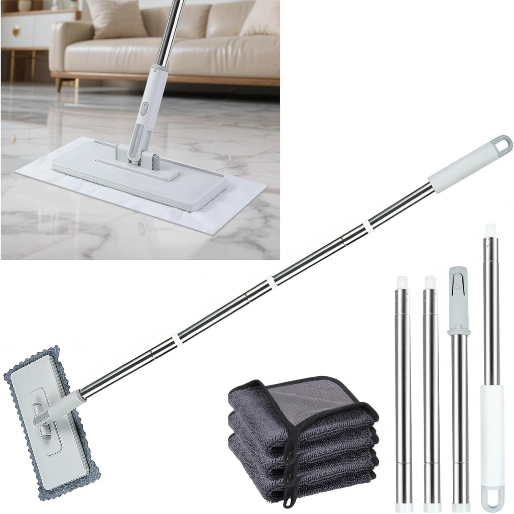 2 in 1 Disposable Dust Mop with 3 Shiny Towels Wipes Cleaning Cloths, 360° Rotating Snap Grip Mini Mop with Automatic Cloth Changing, Wall Cleaning Tool for Window Glass Wall Floor (White)