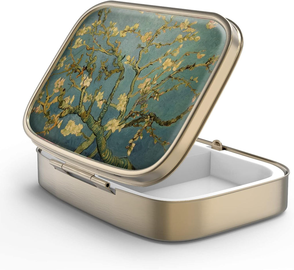 Pill Case Pill Box with Mirror Retro 2 Compartment Small Pill Case for Purse or Pocket Bronze Rectangular Pill Box or Vitamins, Fish Oil, Supplements, Pill Containe Travel Gifts（Vangogh Art）