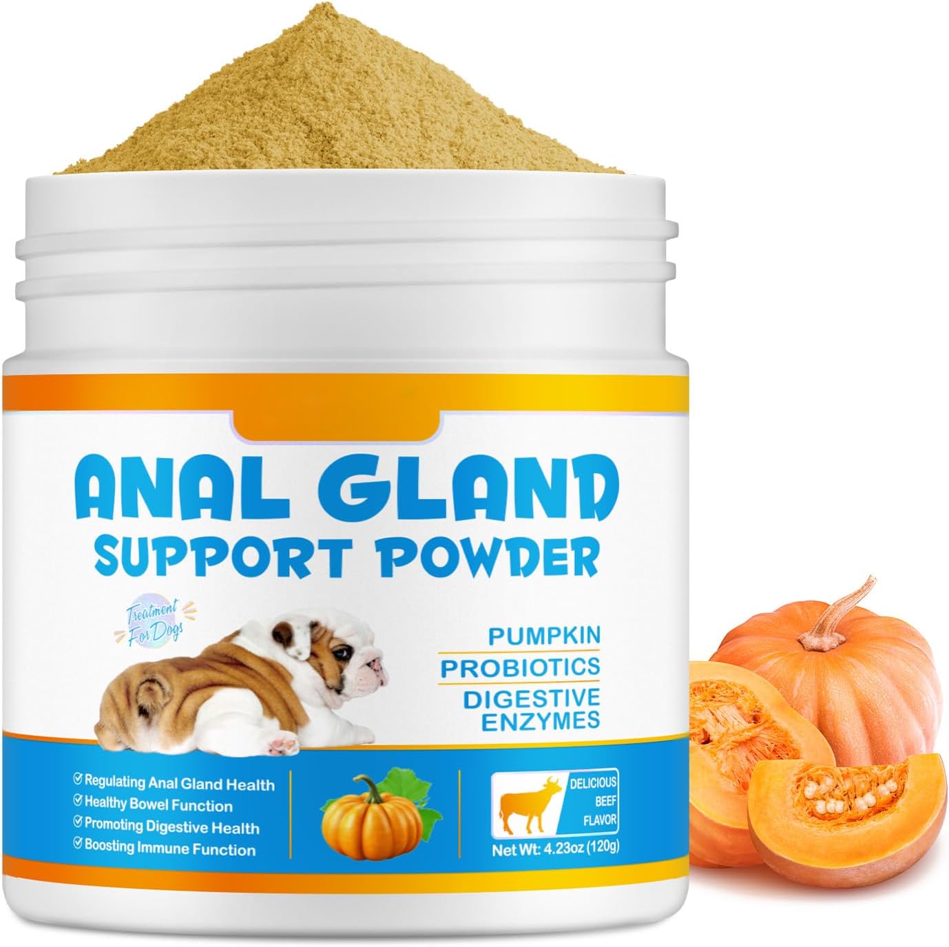 Anal Gland Support Powder for Dogs – Pumpkin, Probiotics & Digestive Enzymes – Fiber Supplement for Digestive Health – Beef Flavor – 4.23 oz