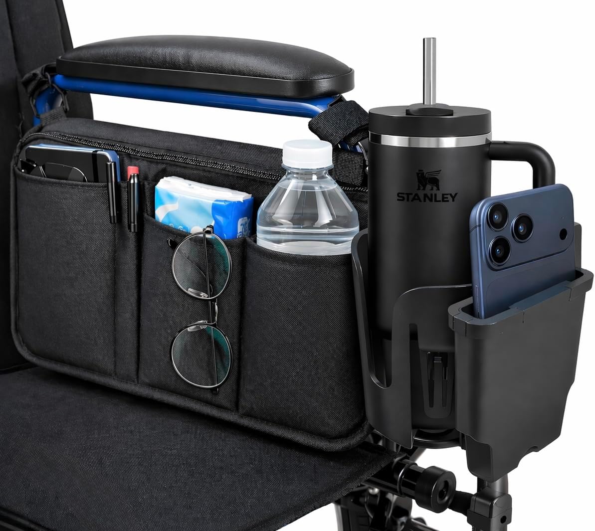Wheelchair Accessories, Wheelchair Cup Holder with Wheelchair Side Bag, 360° Rotatable & Strong Clip Cup Holder for Wheelchair, Mobility Scooter, Walker Accessories for Seniors, Adults