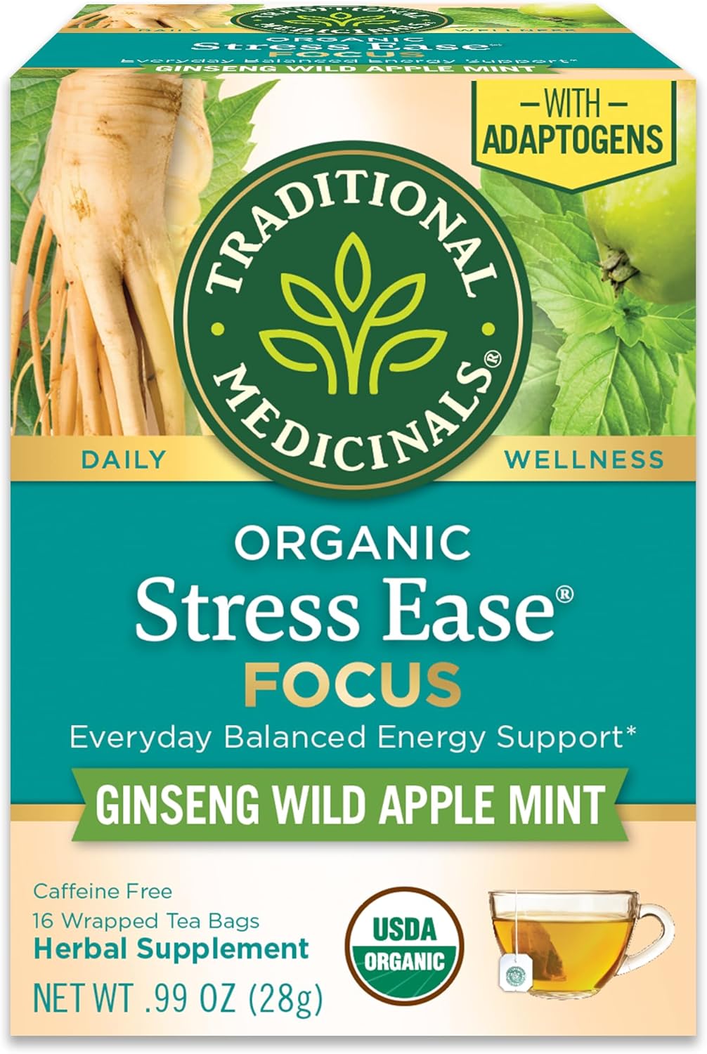 Traditional Medicinals Organic, Stress Ease Focus, Ginseng Wild Apple Mint Tea - Balanced Energy Support & Adaptogens - Kosher, Non-GMO, Caffeine-Free, Compostable - 16 Tea Bags