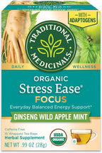 Traditional Medicinals Organic, Stress Ease Focus, Ginseng Wild Apple Mint Tea - Balanced Energy Support & Adaptogens - Kosher, Non-GMO, Caffeine-Free, Compostable - 16 Tea Bags