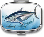 Bluefin Tuna Pill Box with 2 Compartments and Mirror Portable Pocket Pill Case Metal Travel Medicine Organizer Purse Medicine Holder for Vitamin Supplement Fish Oil