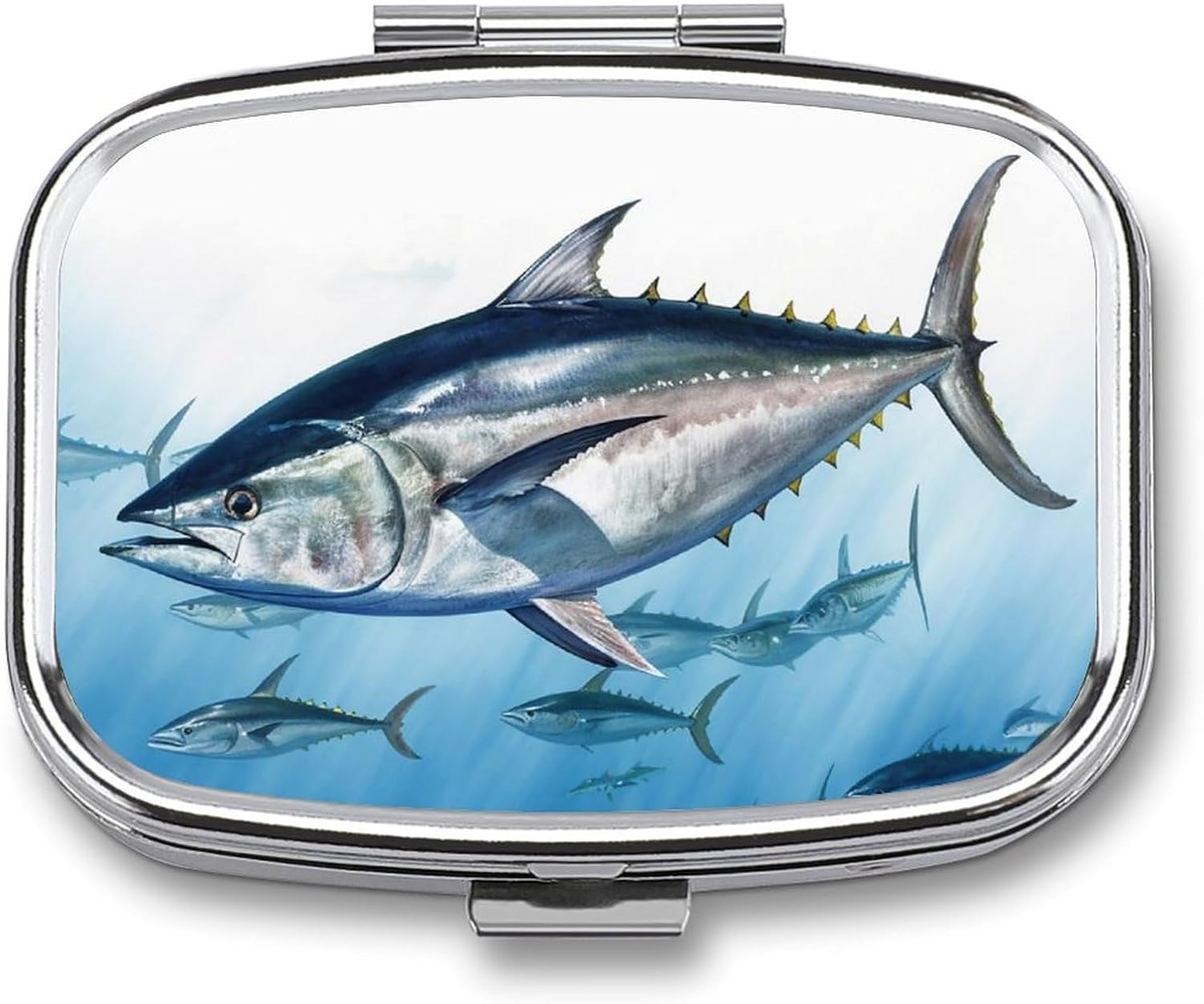 Bluefin Tuna Pill Box with 2 Compartments and Mirror Portable Pocket Pill Case Metal Travel Medicine Organizer Purse Medicine Holder for Vitamin Supplement Fish Oil