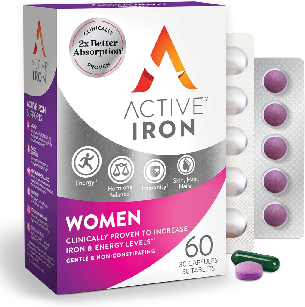 Active Iron Supplement 25mg + Multivitamin for Women, Clinically Proven to Increase Iron & Energy Levels, Maximum Absorption, Gentle, Non-Constipating, 30 Capsules + 30 Tablets in On-the-Go Foil Packs