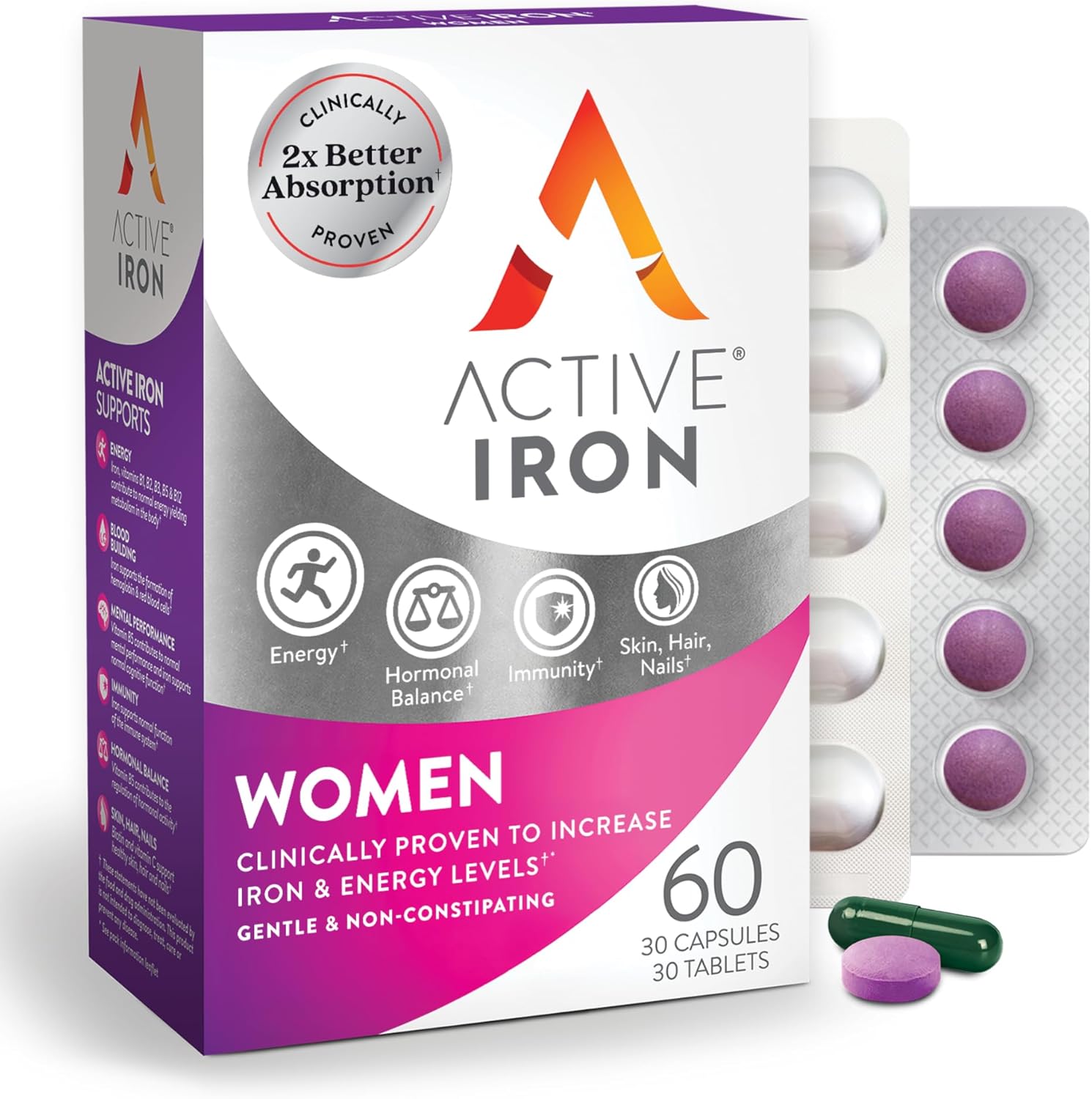 Active Iron Supplement 25mg + Multivitamin for Women, Clinically Proven to Increase Iron & Energy Levels, Maximum Absorption, Gentle, Non-Constipating, 30 Capsules + 30 Tablets in On-the-Go Foil Packs