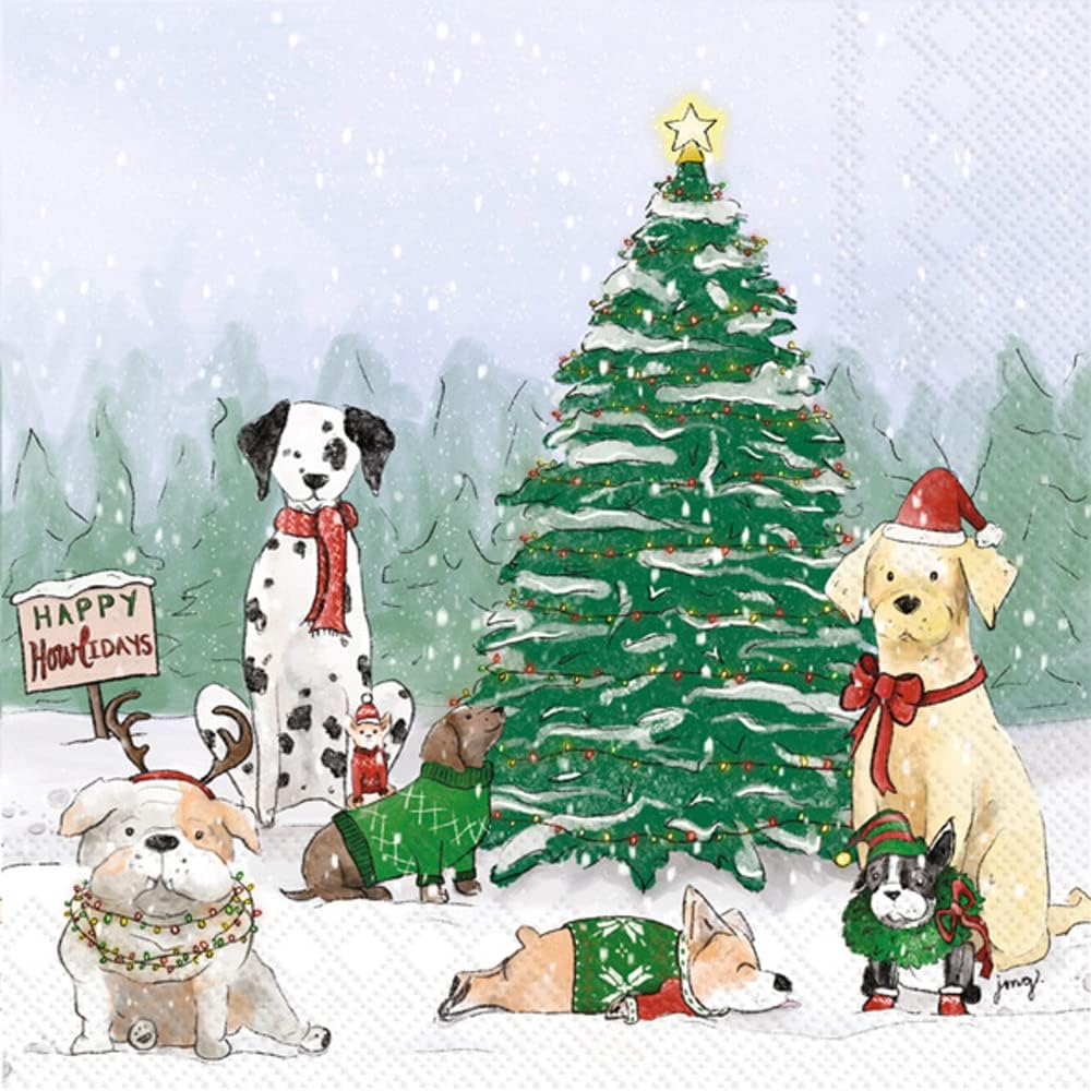 IHR Ideal Home Range Cocktail Napkins Disposable 3-Ply Paper Party Napkin Pack, 5" x 5", Holiday Pups, 20-Count
