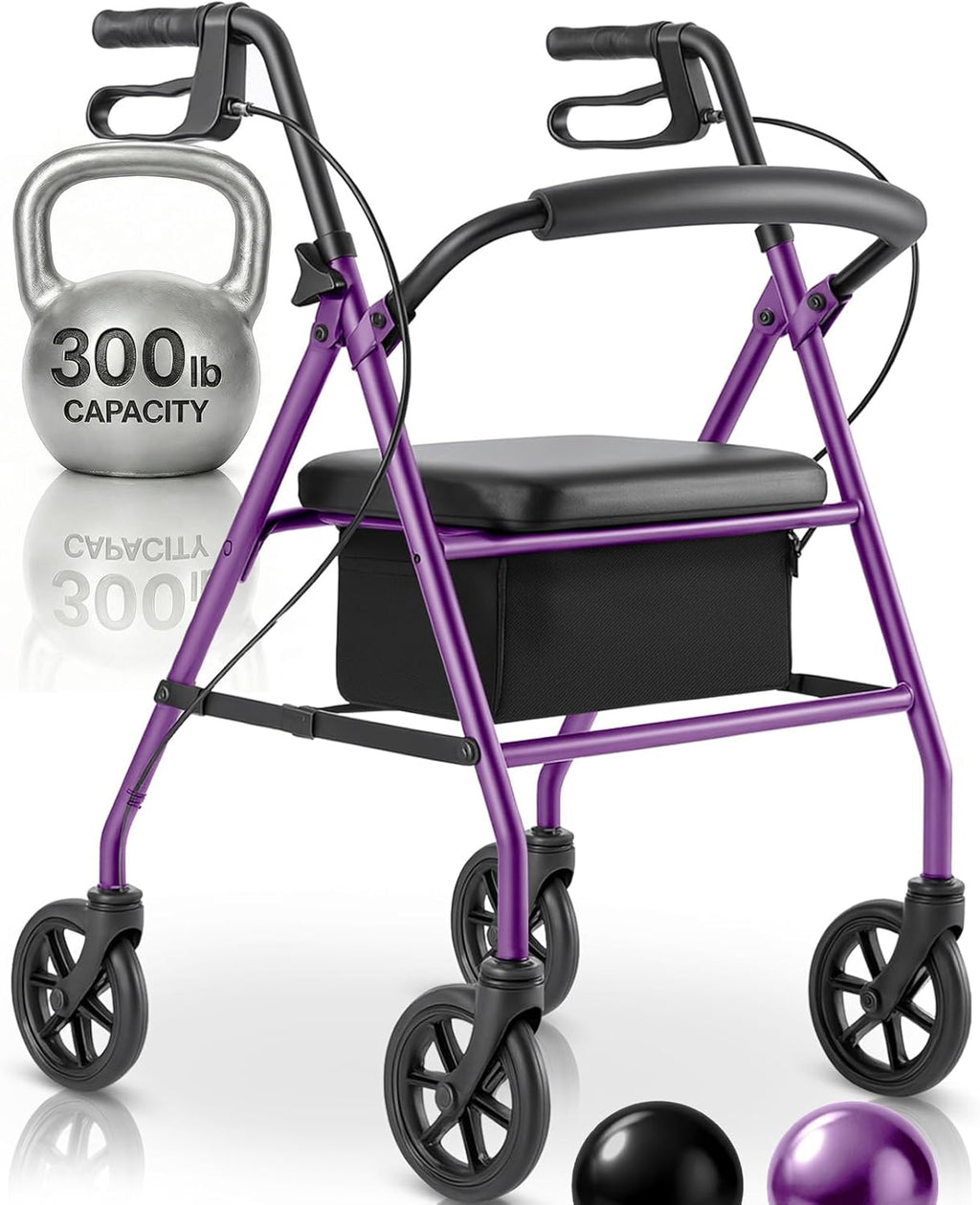 Vive Mobility Steel Rollator Walker with Seat - Foldable, Narrow, Rolling Senior Walker for Small Spaces - 4 Wheel Lightweight Adult Easy Drive with Underseat Storage, Adjustable Height (Purple)