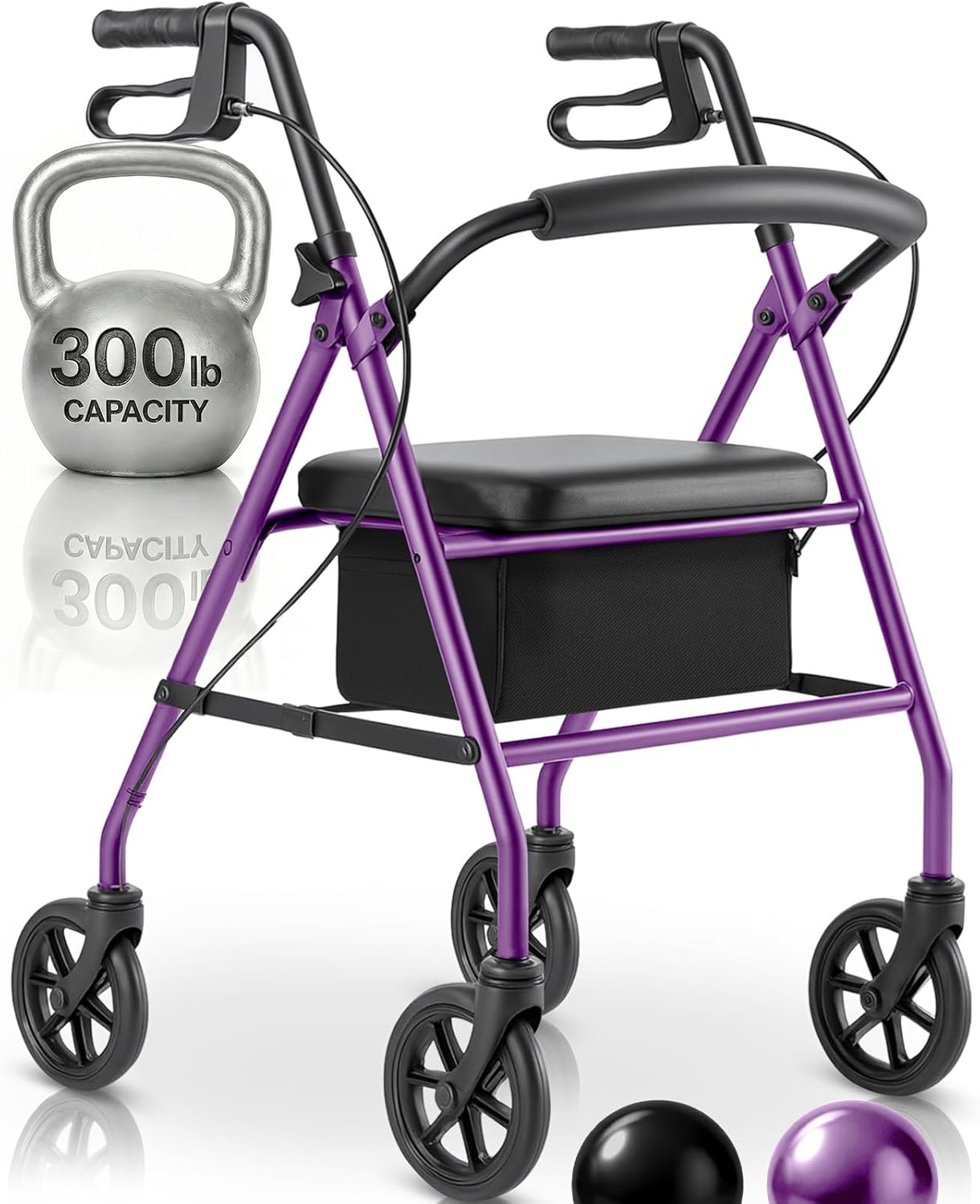 Vive Mobility Steel Rollator Walker with Seat - Foldable, Narrow, Rolling Senior Walker for Small Spaces - 4 Wheel Lightweight Adult Easy Drive with Underseat Storage, Adjustable Height (Purple)