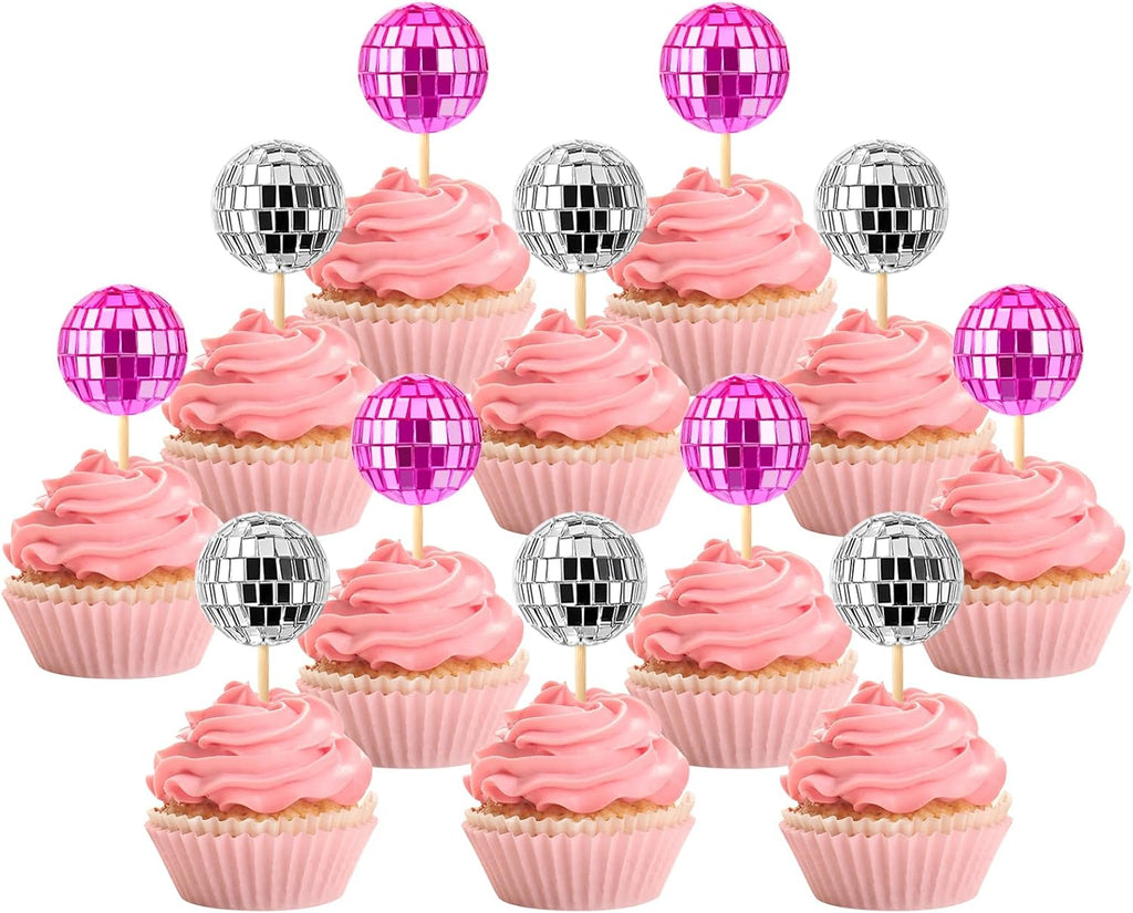 JOERSH 24pcs Disco Ball Cupcake Toppers - 1970s Disco Ball Picks Disco Theme Cake Decorations for Disco Theme Party 70s Disco Party Favor (Pink, Silver)