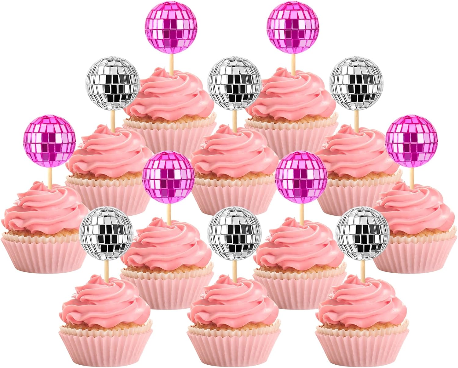 JOERSH 24pcs Disco Ball Cupcake Toppers - 1970s Disco Ball Picks Disco Theme Cake Decorations for Disco Theme Party 70s Disco Party Favor (Pink, Silver)