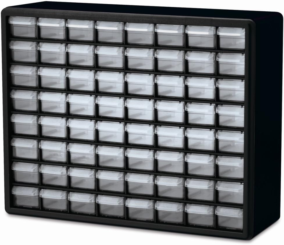 Akro-Mils 64-Drawer Plastic Drawer Storage Cabinet for Garage Organization, Bead Organizer, Building Bricks Storage, Teacher Toolbox, Makeup Organizer, 20" W x 6" D x 16" H, 10764 Black