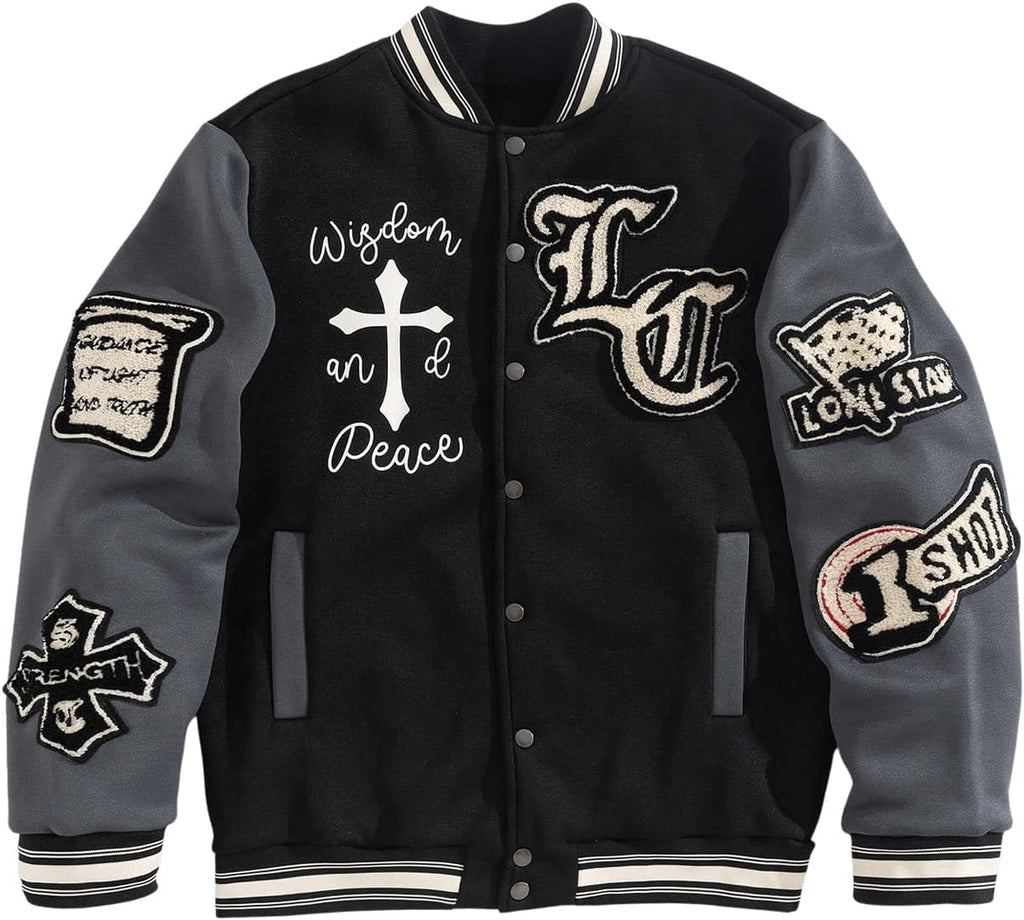SOLY HUX Men's Letter Graphic Color Block Varsity Jacket Long Sleeve Y2k Streetwear Baseball Jacket