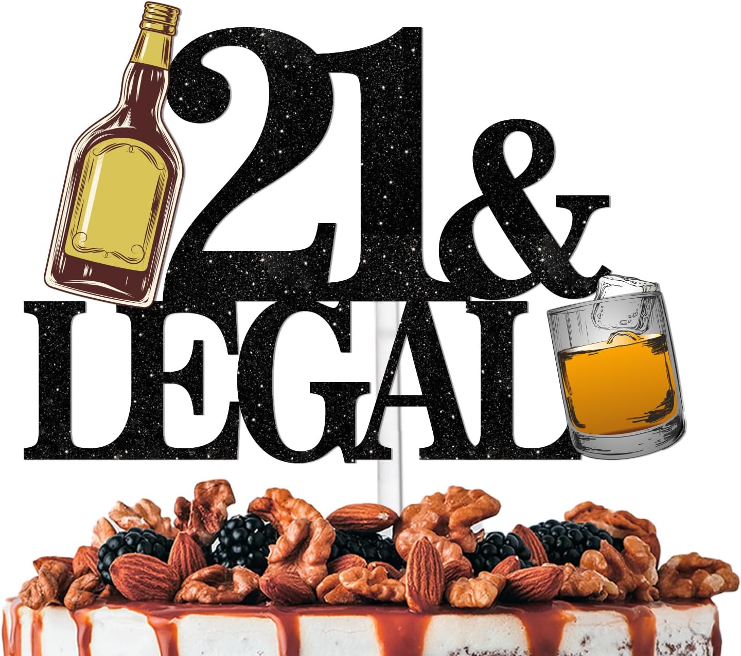 Black Glitter Whiskey Cake Topper Cheer to 21 Legal Theme Party Decoration Supplies Men Boys Happy 21st Birthday Party Decor Supplies