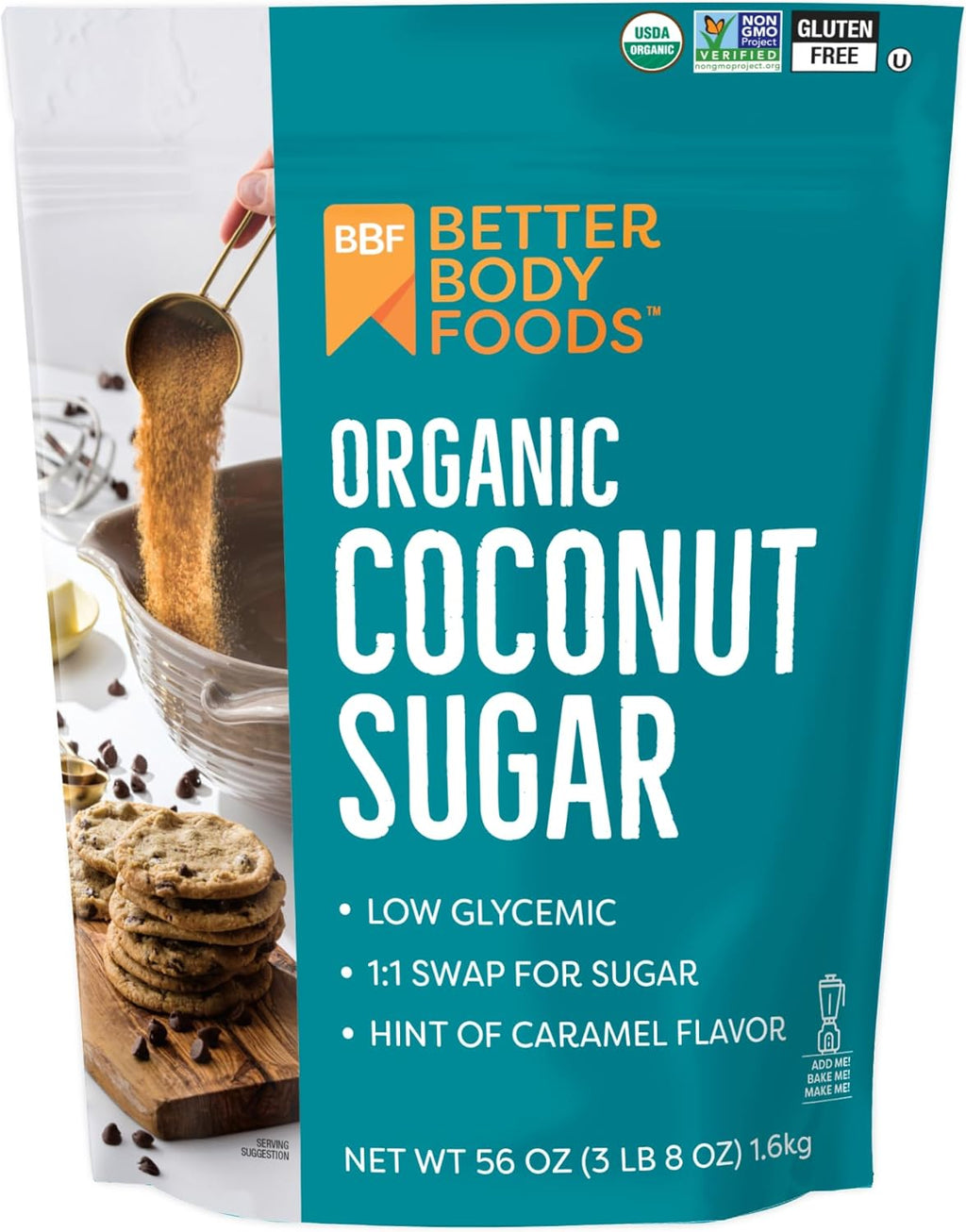 BetterBody Foods Organic Coconut Sugar, Gluten-Free, Non-GMO, Low Glycemic Sugar Substitute, 3.5 lbs, 56 ounces