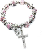 Nazareth Store Handmade Crystallized Glass Beads Cross Bracelet with Ceramic Flower Beads Religious Christian Bangle for Women and Men