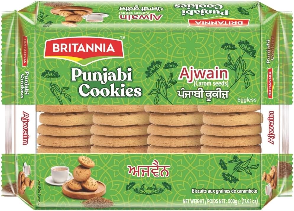 Britannia Punjabi Ajwain Eggless Cookies 500g(17.63oz) | Traditional Indian Biscuits Savory Carom Seed Flavor Crunchy Snack | Perfect with Tea or Coffee