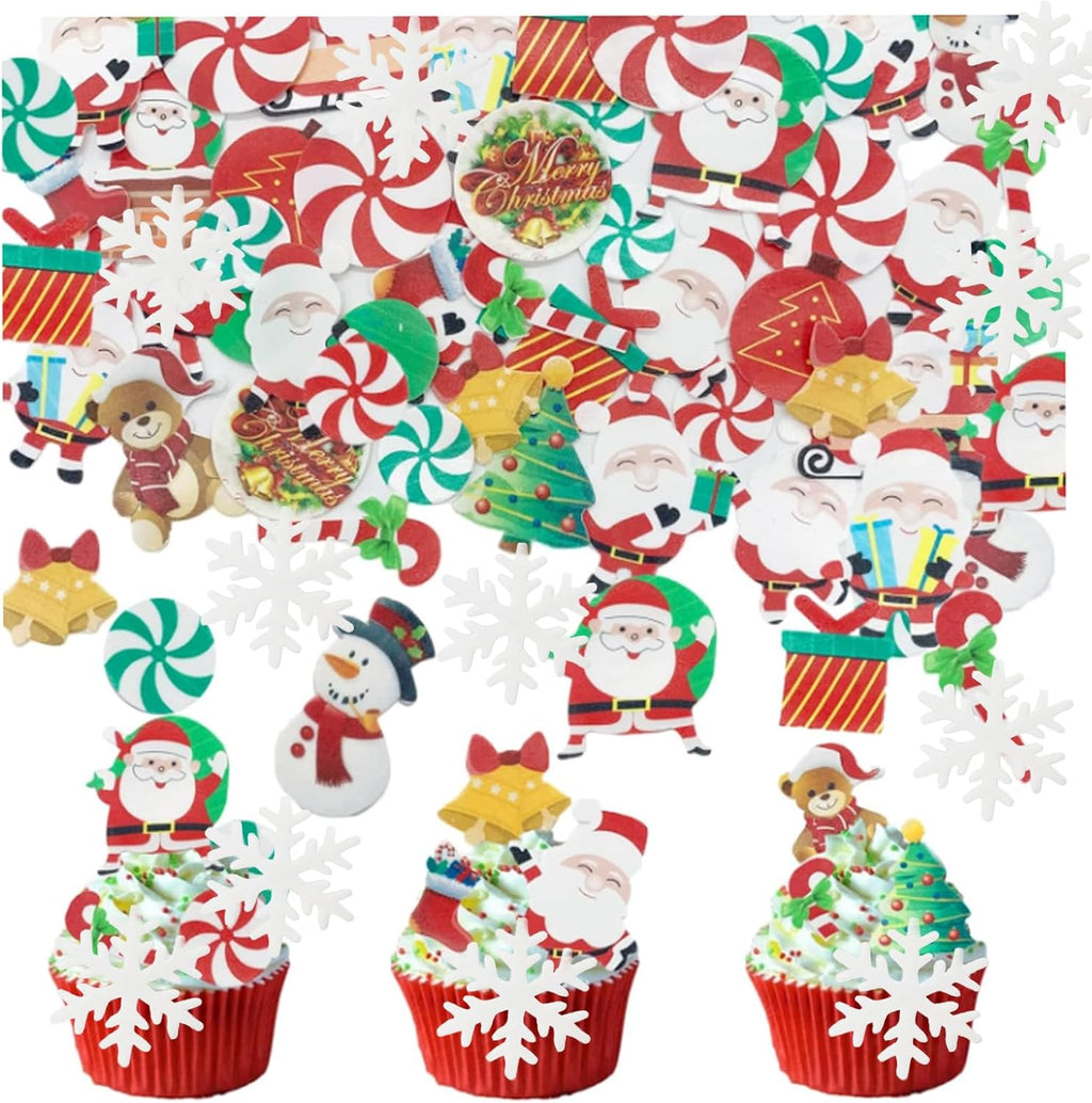 64PCS Christmas Edible Cake Topper Decorations Santa Claus Snowflakes Cupcake Toppers Wafer Paper